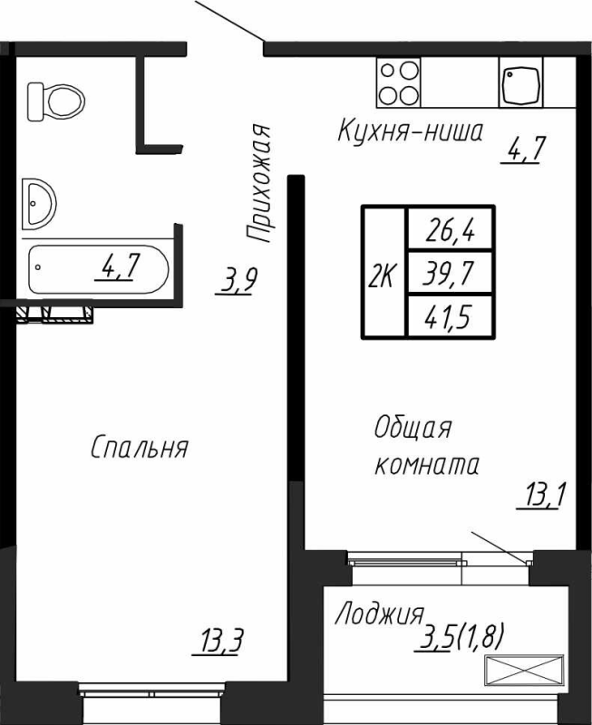 2-комнатная (Евро) квартира, 41.5 м² в ЖК "Сибирь" - планировка, фото №1