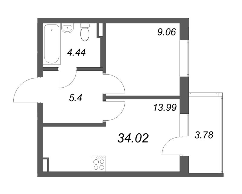 1-комнатная квартира, 34.02 м² в ЖК "Новая история" - планировка, фото №1
