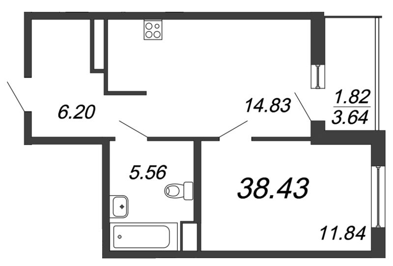 2-комнатная (Евро) квартира, 38.43 м² в ЖК "Чёрная речка" - планировка, фото №1