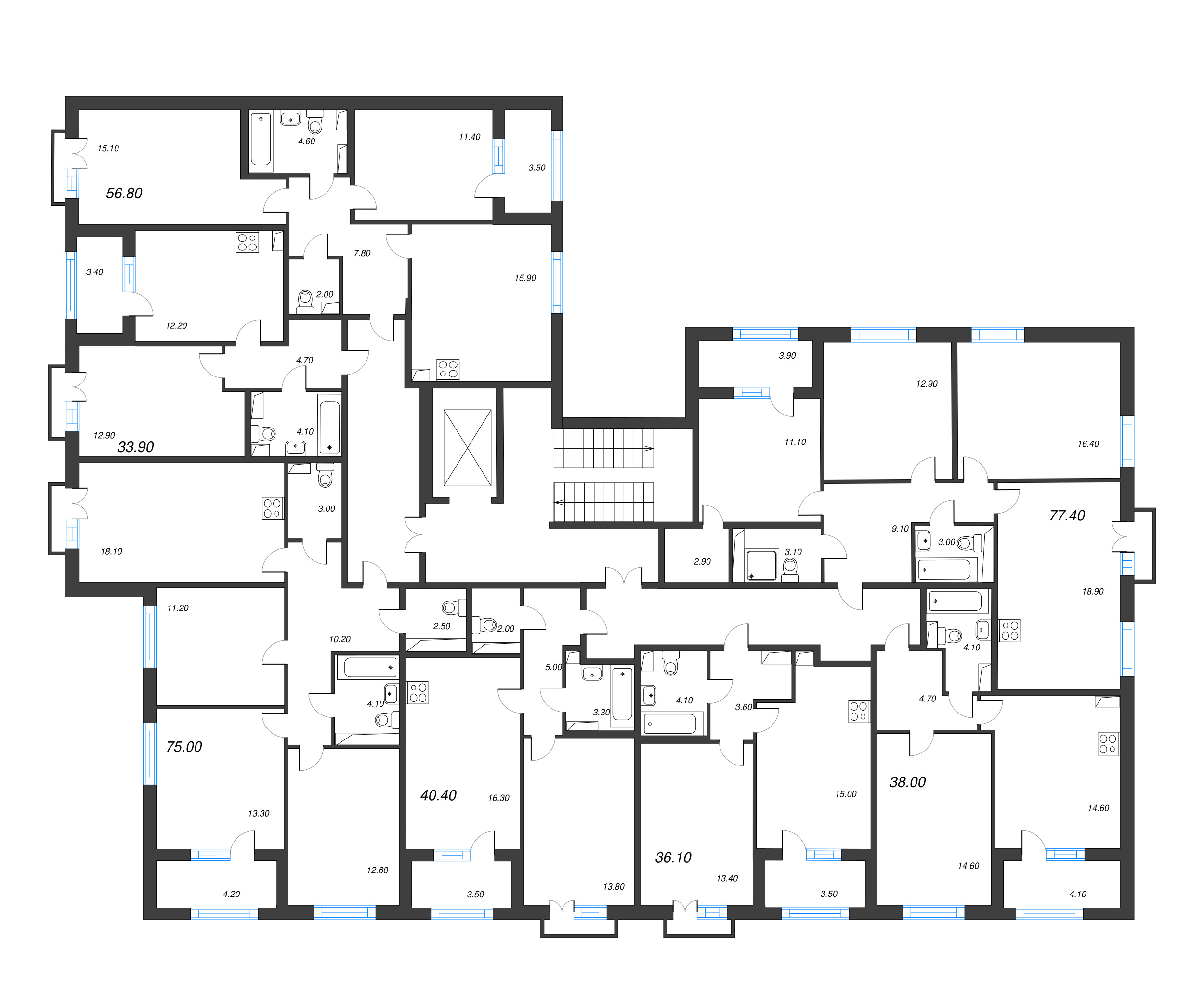2-комнатная (Евро) квартира, 36.1 м² в ЖК "Дубровский" - планировка этажа