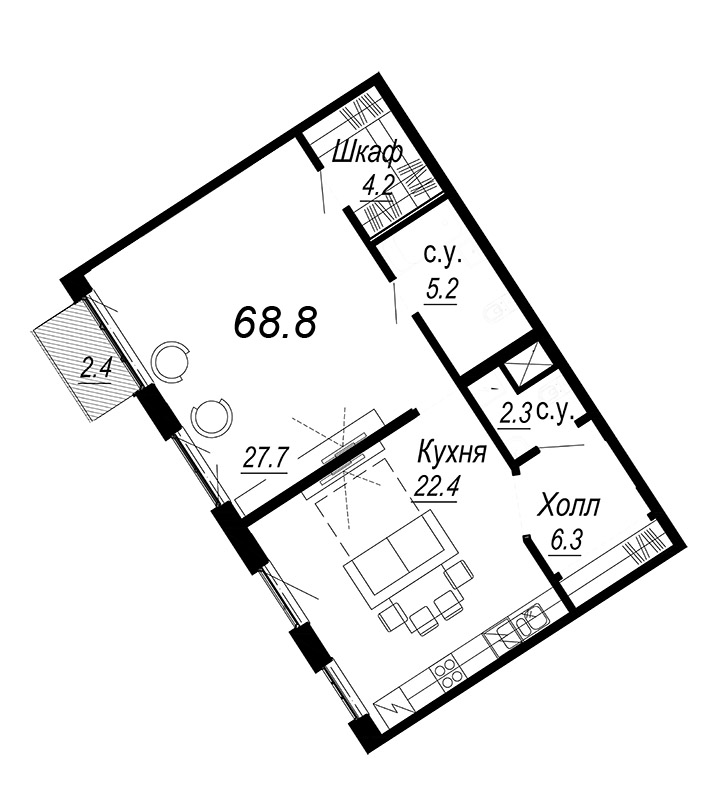 2-комнатная (Евро) квартира, 69.3 м² - планировка, фото №1