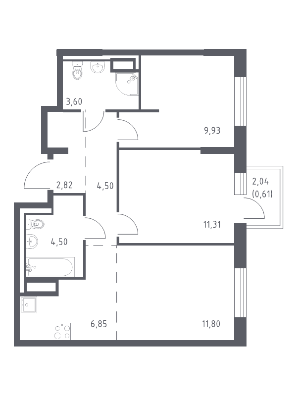 3-комнатная (Евро) квартира, 55.92 м² - планировка, фото №1