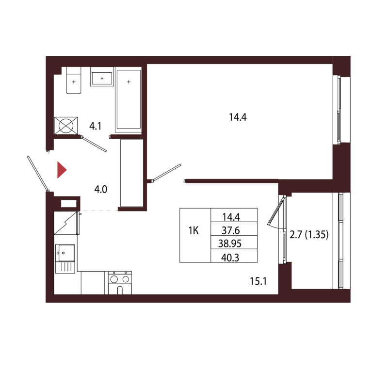 2-комнатная (Евро) квартира, 38.95 м² в ЖК "Лисино" - планировка, фото №1