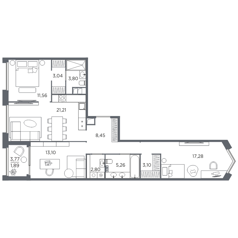 4-комнатная (Евро) квартира, 91.49 м² в ЖК "Акватория" - планировка, фото №1