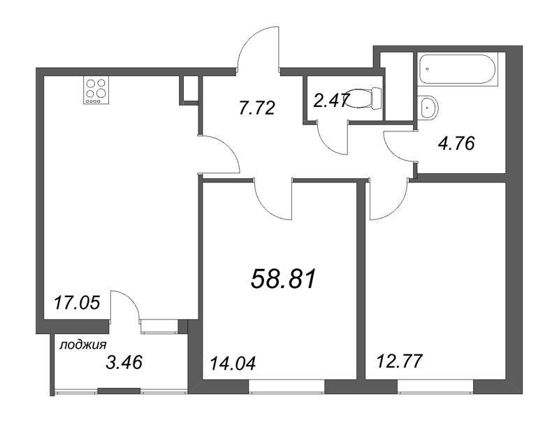 3-комнатная (Евро) квартира, 58.81 м² - планировка, фото №1