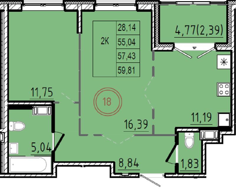2-комнатная квартира, 55.04 м² в ЖК "Образцовый квартал 9.1" - планировка, фото №1