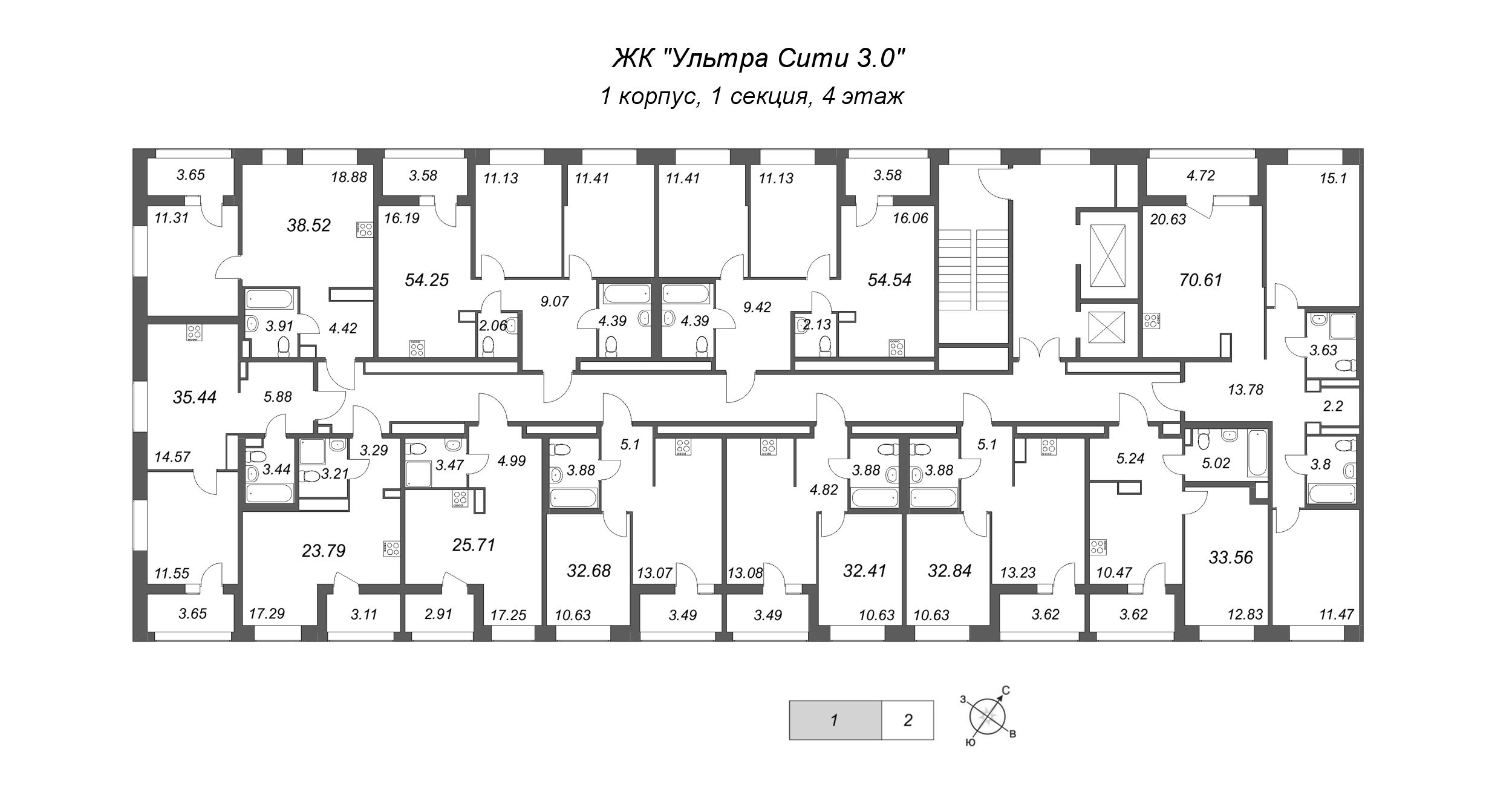 1-комнатная квартира, 32.68 м² в ЖК "Ультра Сити 3.0" - планировка этажа