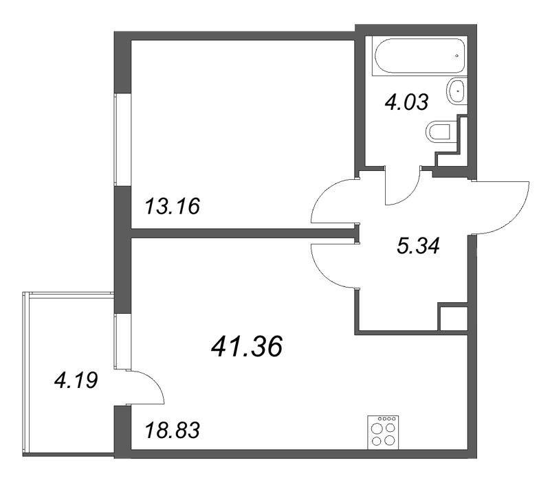 2-комнатная (Евро) квартира, 41.36 м² в ЖК "ЮгТаун" - планировка, фото №1