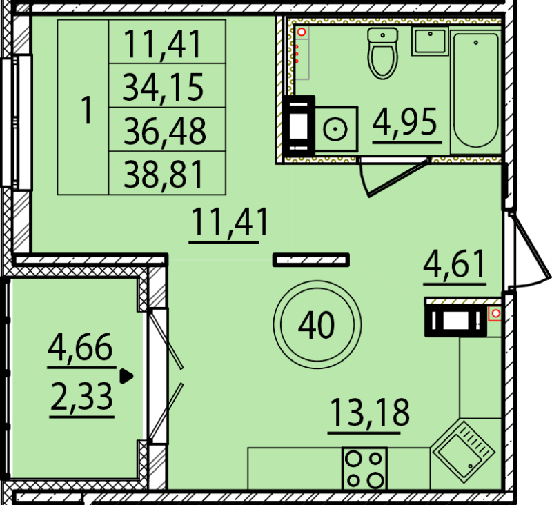 1-комнатная квартира, 34.15 м² в ЖК "Образцовый квартал 15" - планировка, фото №1
