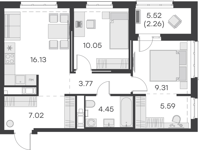 3-комнатная (Евро) квартира, 59.08 м² - планировка, фото №1