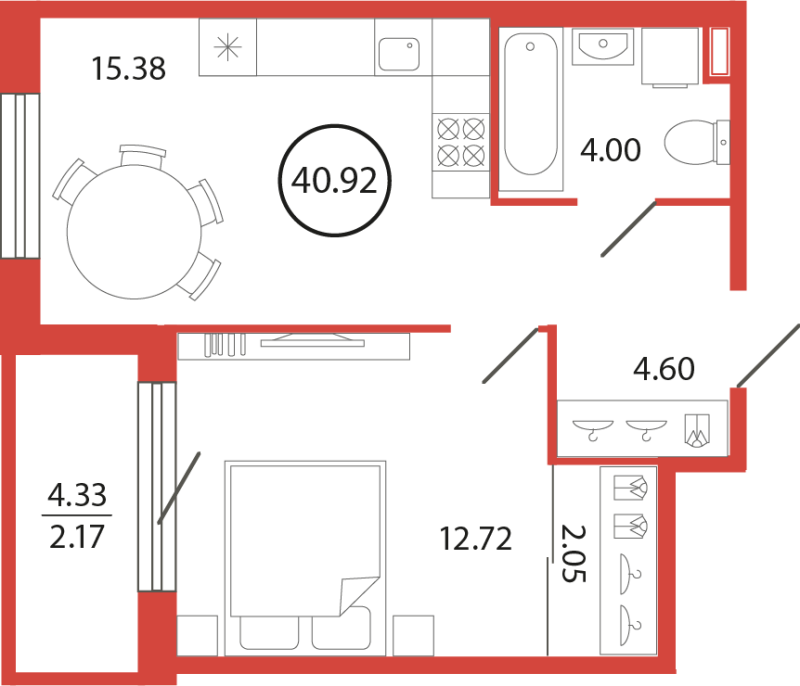 2-комнатная (Евро) квартира, 40.92 м² в ЖК "Энфилд" - планировка, фото №1