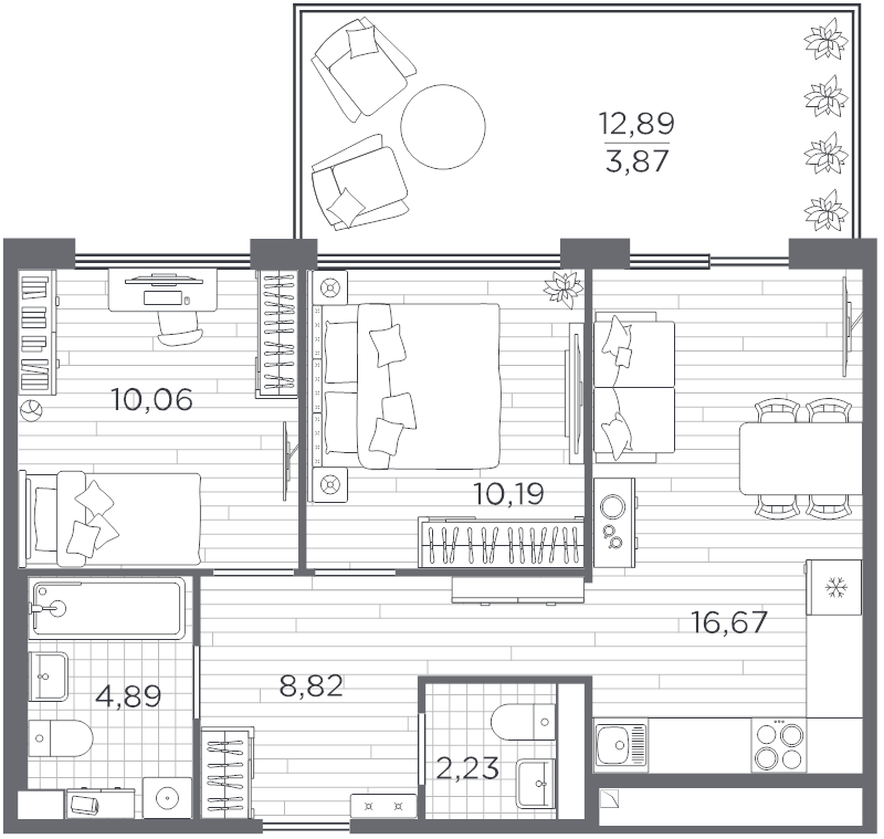 2-комнатная квартира, 56.73 м² в ЖК "PLUS Пулковский" - планировка, фото №1