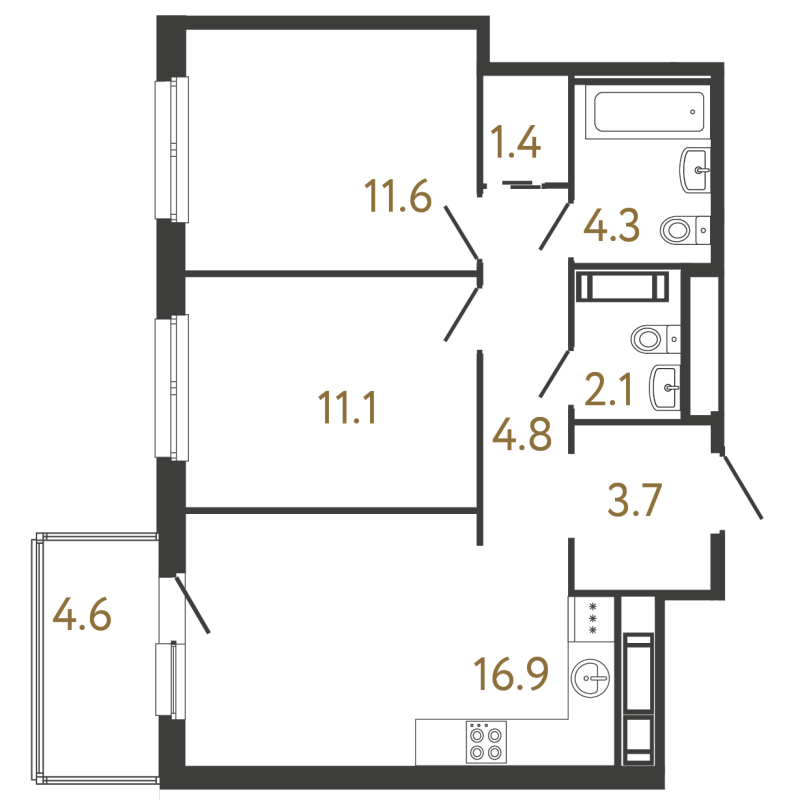 3-комнатная (Евро) квартира, 55.9 м² в ЖК "Передвижники" - планировка, фото №1