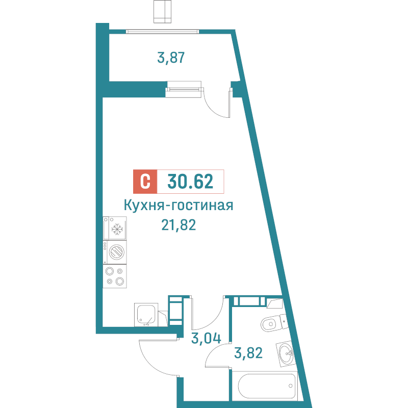 Квартира-студия, 30.62 м² в ЖК "Графика" - планировка, фото №1