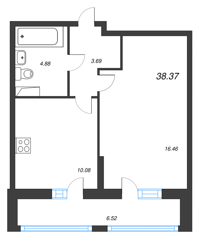 1-комнатная квартира, 38.37 м² - планировка, фото №1