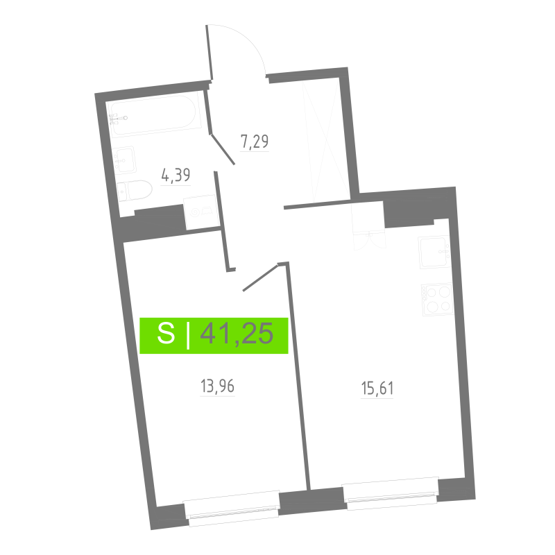 2-комнатная (Евро) квартира, 41.25 м² в ЖК "Аквилон РИВА" - планировка, фото №1