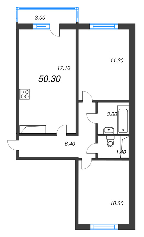 3-комнатная (Евро) квартира, 50.3 м² - планировка, фото №1