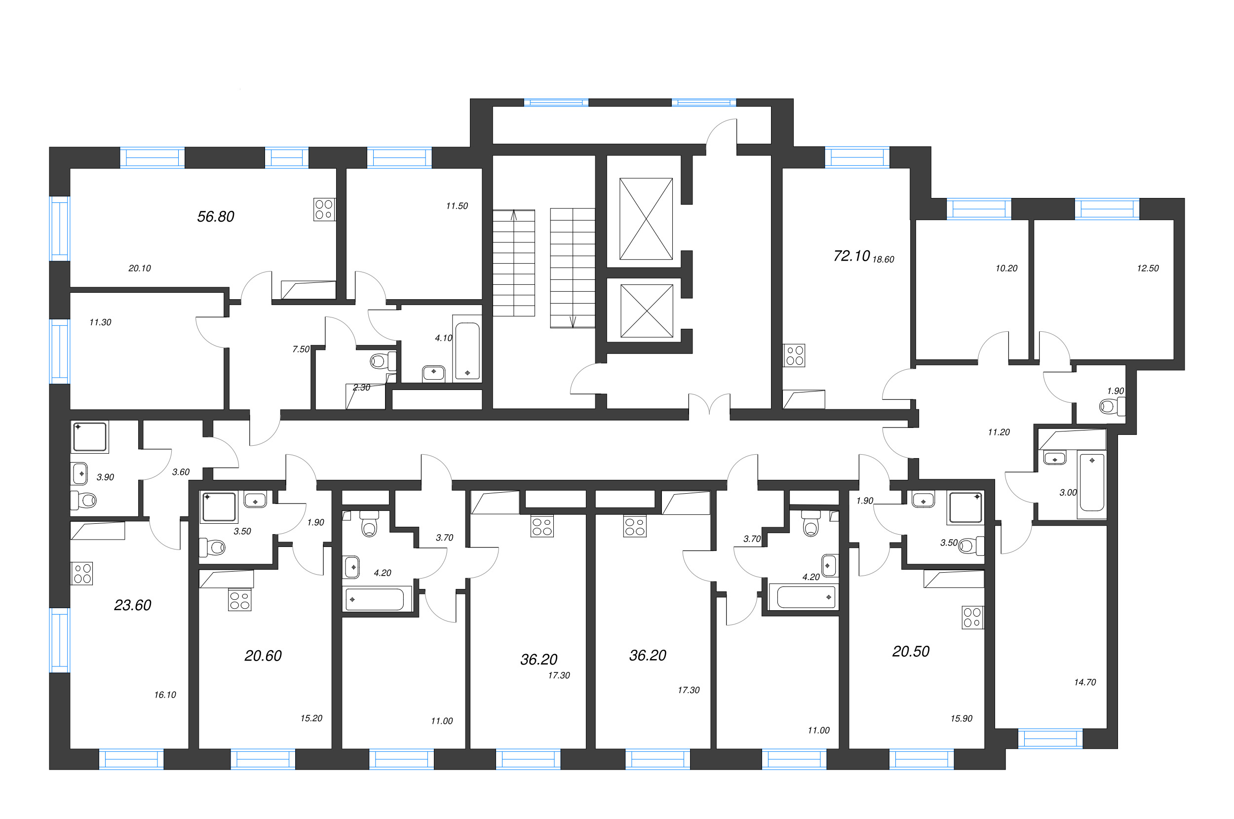 4-комнатная (Евро) квартира, 72.1 м² - планировка этажа