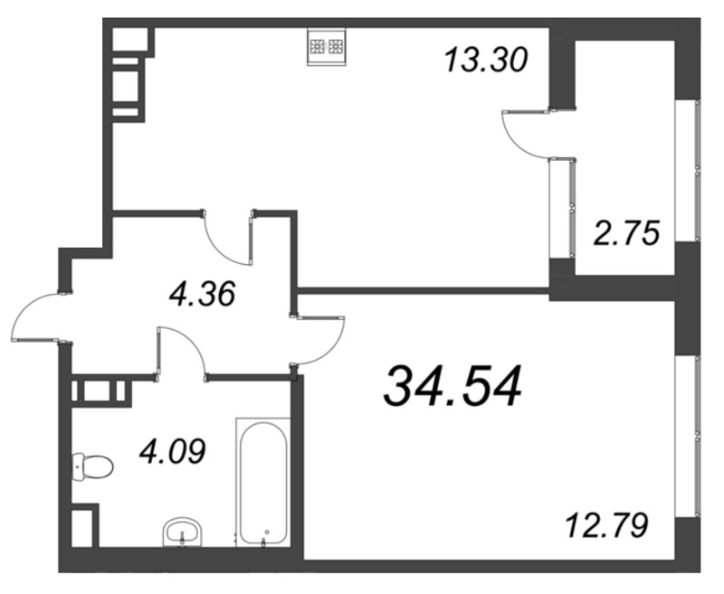 1-комнатная квартира, 34.54 м² - планировка, фото №1