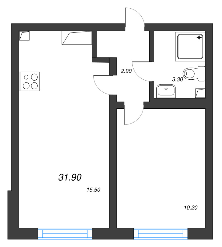 2-комнатная (Евро) квартира, 31.9 м² в ЖК "Ручьи" - планировка, фото №1