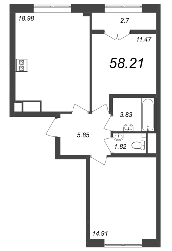 3-комнатная (Евро) квартира, 58.21 м² - планировка, фото №1