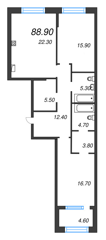 3-комнатная (Евро) квартира, 88.9 м² в ЖК "ЛДМ" - планировка, фото №1