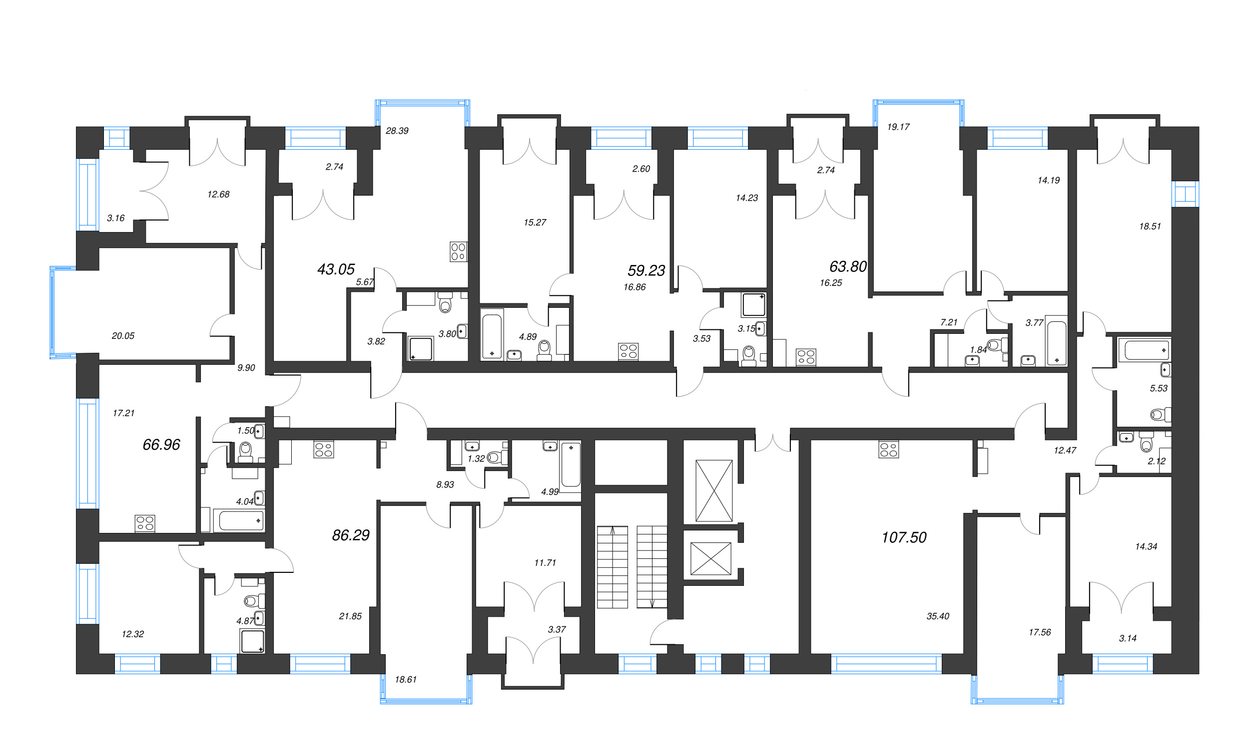 1-комнатная квартира, 43.05 м² - планировка этажа