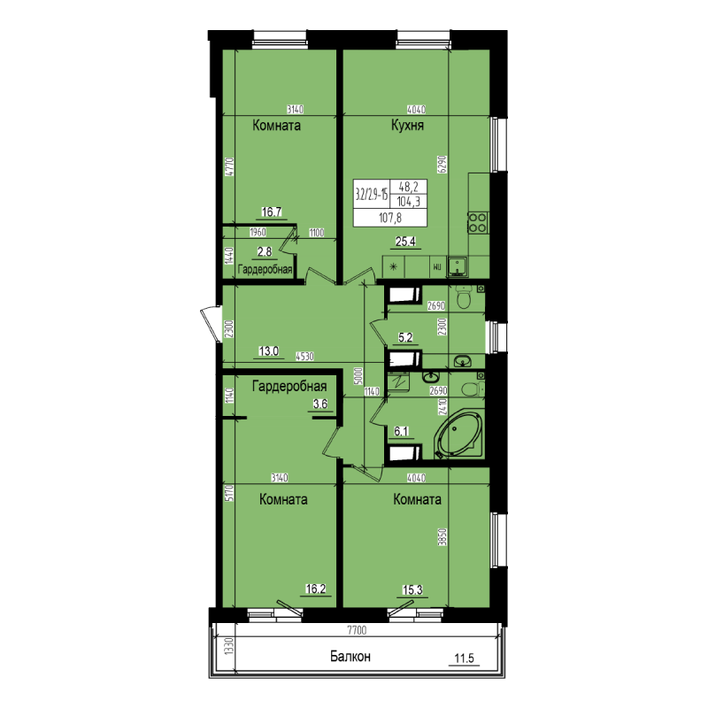 4-комнатная (Евро) квартира, 107.8 м² - планировка, фото №1