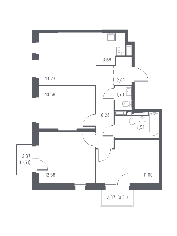 4-комнатная (Евро) квартира, 67.08 м² - планировка, фото №1
