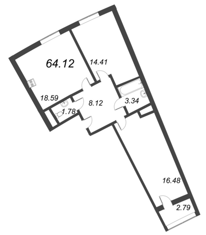 2-комнатная (Евро) квартира, 64.12 м² в ЖК "Морская набережная. SeaView" - планировка, фото №1