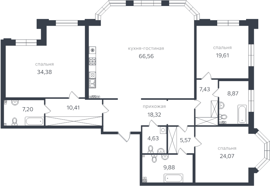 4-комнатная (Евро) квартира, 225.1 м² - планировка, фото №1