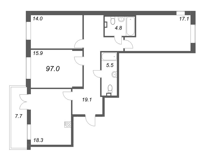 4-комнатная (Евро) квартира, 97 м² - планировка, фото №1