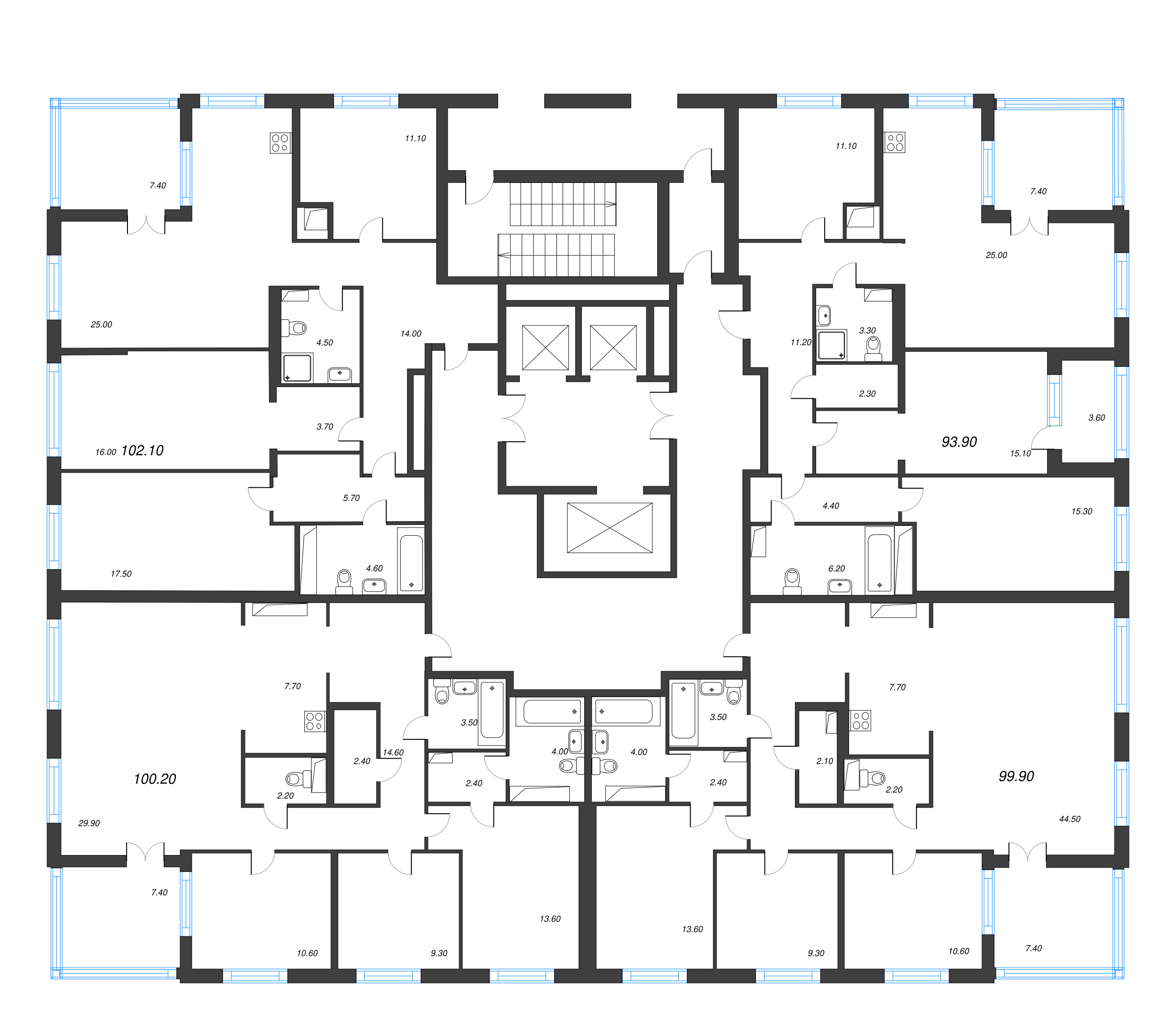 4-комнатная (Евро) квартира, 93.9 м² в ЖК "Струны" - планировка этажа