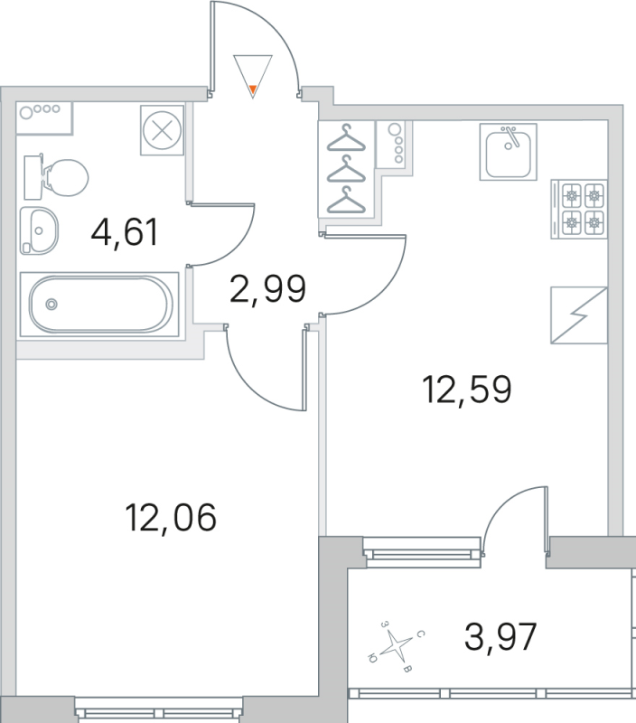 1-комнатная квартира, 33.25 м² - планировка, фото №1
