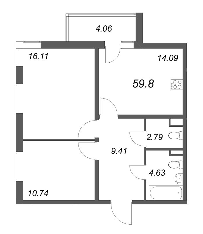 2-комнатная квартира, 59.8 м² в ЖК "Новая история" - планировка, фото №1