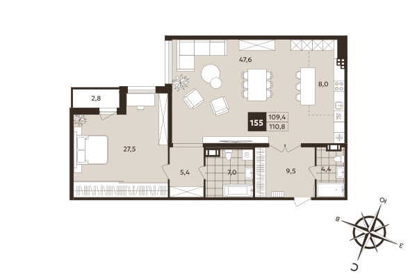 2-комнатная (Евро) квартира, 109.4 м² в ЖК "Дом на Бронницкой" - планировка, фото №1