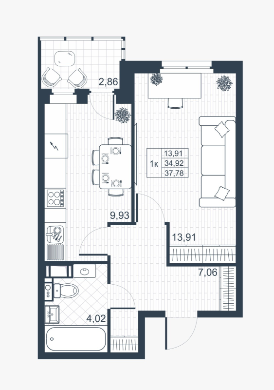 1-комнатная квартира, 34.7 м² в ЖК "Ново-Антропшино" - планировка, фото №1
