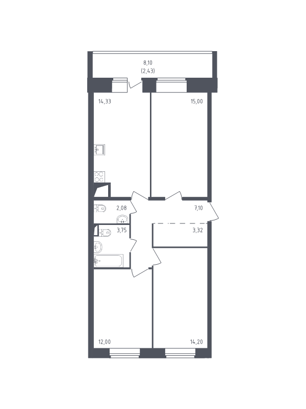 3-комнатная квартира, 74.21 м² - планировка, фото №1