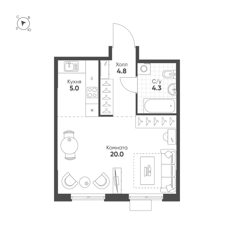 Квартира-студия, 34.1 м² в ЖК "Ягодное Река Парк" - планировка, фото №1