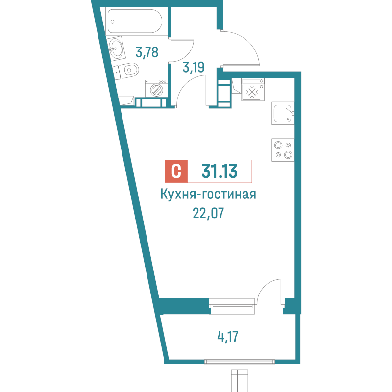 Квартира-студия, 31.13 м² - планировка, фото №1