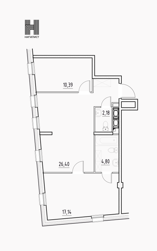3-комнатная (Евро) квартира, 60.91 м² в ЖК "Nigilist" - планировка, фото №1