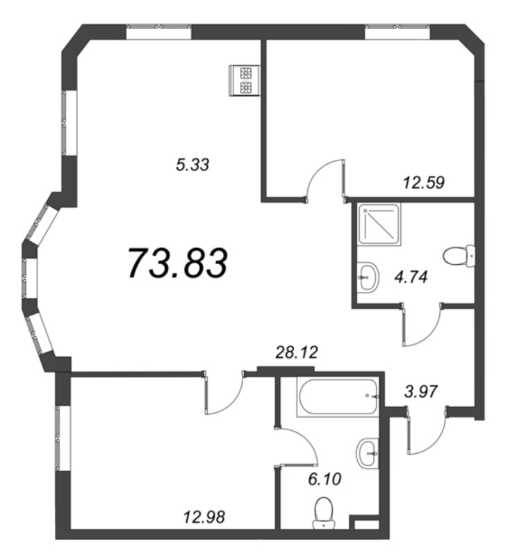 3-комнатная (Евро) квартира, 73.83 м² - планировка, фото №1