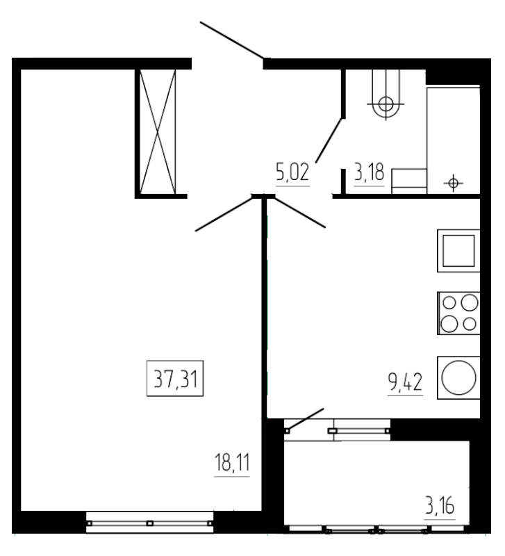1-комнатная квартира, 37.31 м² - планировка, фото №1