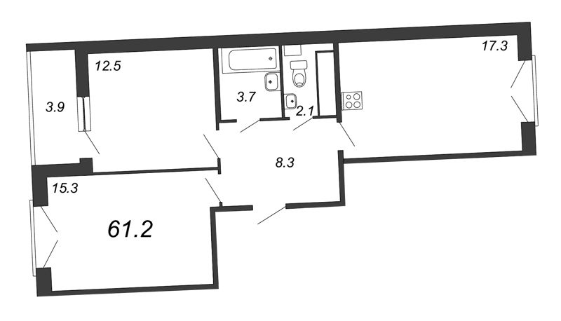 2-комнатная квартира, 62.4 м² - планировка, фото №1