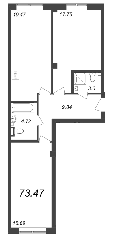 3-комнатная (Евро) квартира, 73.47 м² - планировка, фото №1