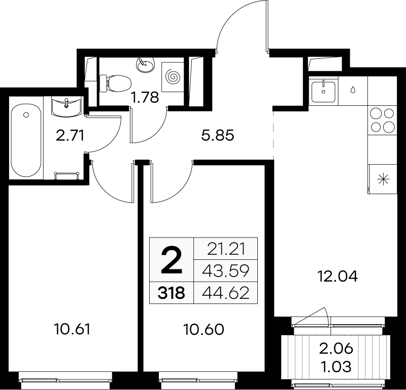 2-комнатная квартира, 44.62 м² - планировка, фото №1