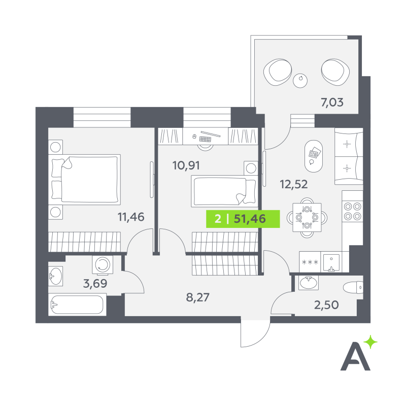 2-комнатная квартира, 51.46 м² в ЖК "Аквилон РекаПарк" - планировка, фото №1