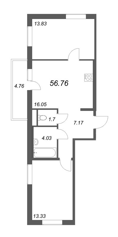 3-комнатная (Евро) квартира, 62.79 м² в ЖК "Новые горизонты" - планировка, фото №1