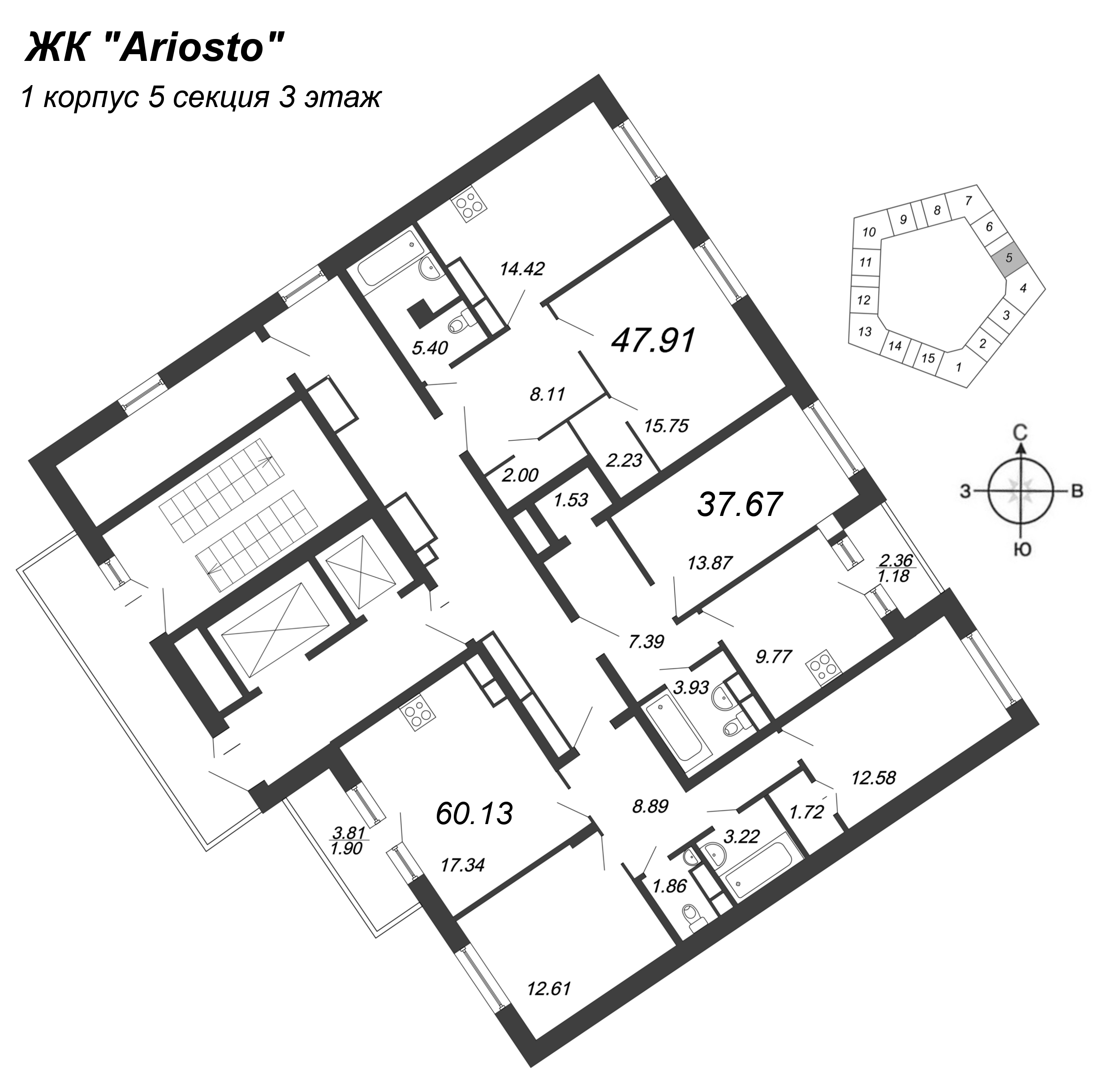 1-комнатная квартира, 47.91 м² в ЖК "Ariosto" - планировка этажа