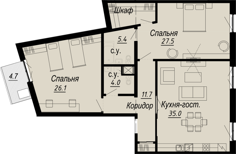 2-комнатная квартира, 118.12 м² - планировка, фото №1